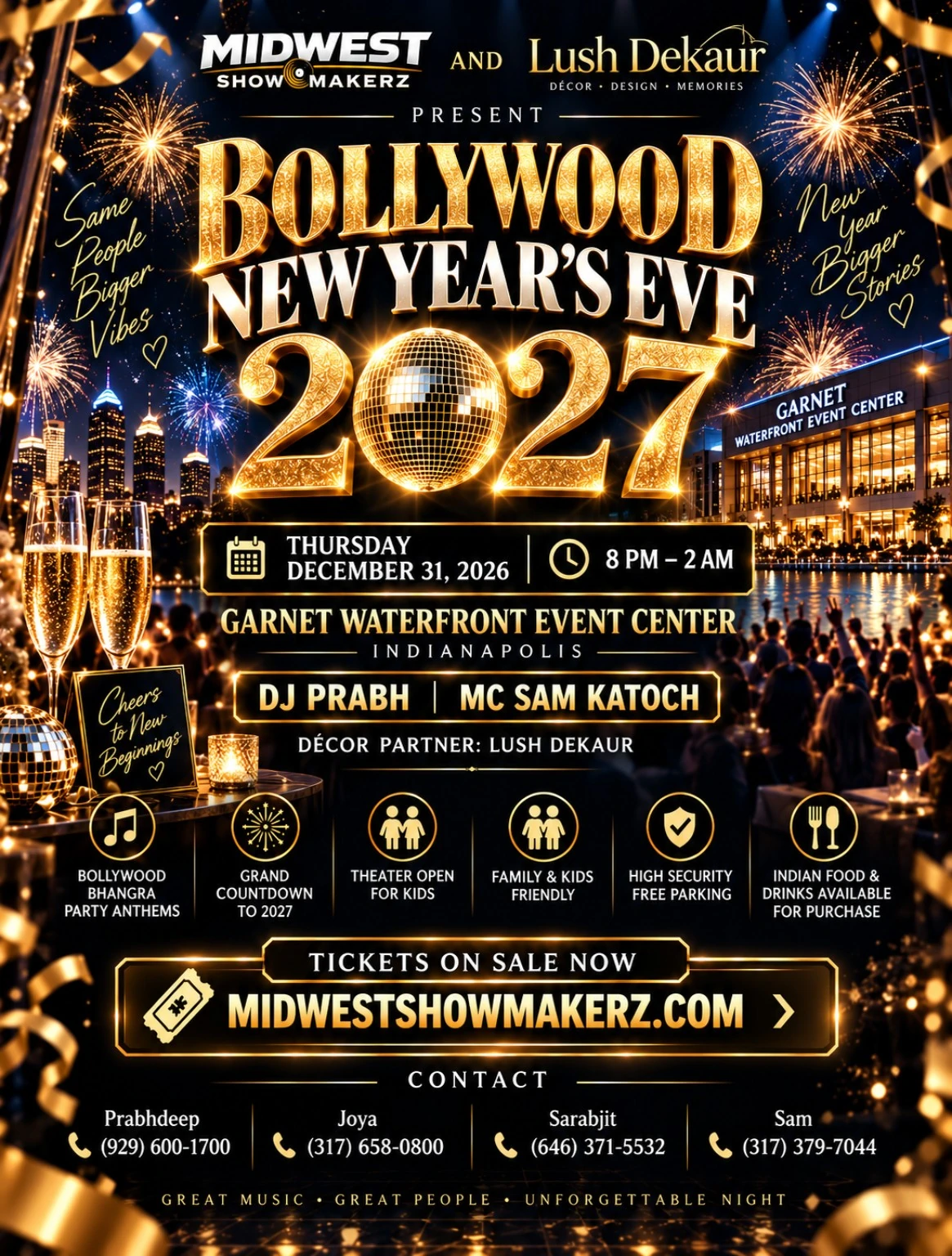 Official Bollywood New Year's Eve 2027 poster: December 31, 2026, 8 PM to 2 AM, Garnet Waterfront Event Center, Indianapolis, with DJ Prabh and MC Sam Katoch.